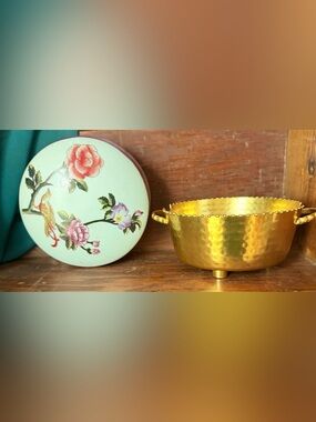 2 Candy Dishes One Hammered Gold and One Blue Floral ceramic